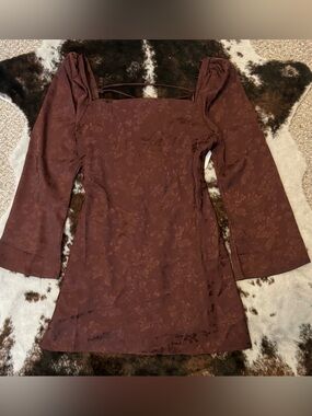 Altar'd State Chocolate Brown Floral Long-Sleeve Mini Dress - Medium